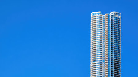 A stunning modern skyscraper rises against a bright blue sky, showcasing contemporary architecture and design. The clear view highlights its unique structure.の素材