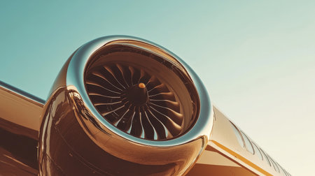 Close-up view of a sleek jet engine showcasing intricate turbine details against a clear blue sky, highlighting modern aviation technology and design.の素材