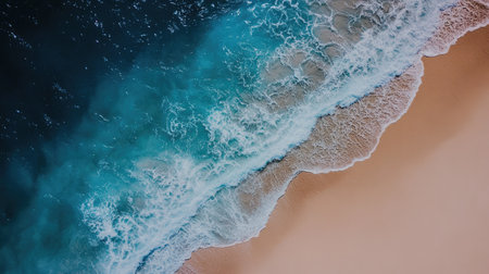 Captivating aerial view showcasing the stunning contrast between ocean waves and golden sandy beach, evoking tranquility and natural beauty.の素材
