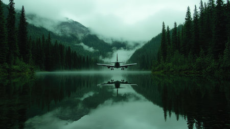 An airplane gracefully lands on a tranquil lake surrounded by lush forests and mist-covered mountains, creating a serene and picturesque landscape.の素材