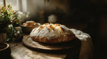 A beautifully baked loaf of rustic bread resting on a wooden table, surrounded by natural elements. Perfect for food photography, home cooking themes, and warm kitchen ambiance.の素材