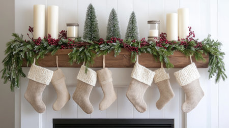 A cozy holiday mantel adorned with soft stockings, greenery, and candles creates a warm and inviting atmosphere perfect for celebrating the winter season.の素材