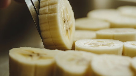 Close-up of a hand slicing fresh bananas into even rounds. The vibrant yellow fruit showcases its texture, highlighting a healthy and nutritious snack option.の素材