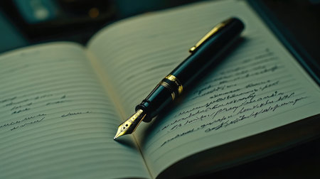A close-up view of an elegant fountain pen resting on open notebook pages, showcasing handwritten notes. This image conveys creativity and personal reflection in a serene workspace.の素材