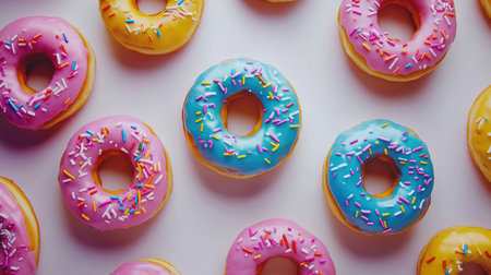 Bright and colorful donuts with sprinkles are arranged on a white background, creating a cheerful and festive display perfect for desserts and treats.の素材