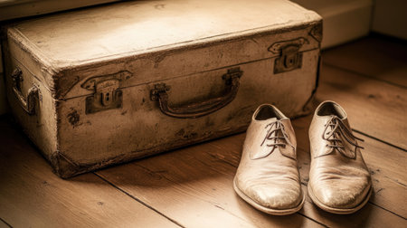 A pair of vintage leather shoes rests beside an old suitcase on a wooden floor, evoking feelings of nostalgia and timeless style in a warm interior setting.の素材