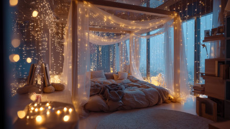 A beautifully decorated bedroom showcasing soft textiles and glowing fairy lights, creating a serene and cozy atmosphere perfect for relaxation and romantic moments.の素材