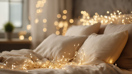 A beautiful bedroom scene featuring soft pillows adorned with warm fairy lights, exuding a serene ambiance perfect for relaxation and comfort in any modern home.の素材