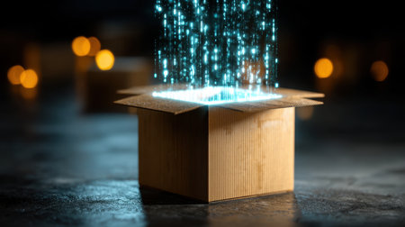 A captivating image of a wooden box from which glowing blue particles rise into the dark, evoking themes of mystery, creativity, and innovation in a surreal atmosphere.の素材