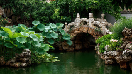 Explore a tranquil garden scene featuring a beautiful stone bridge over peaceful waters, surrounded by lush lotus leaves and rocky formations, evoking serenity.の素材