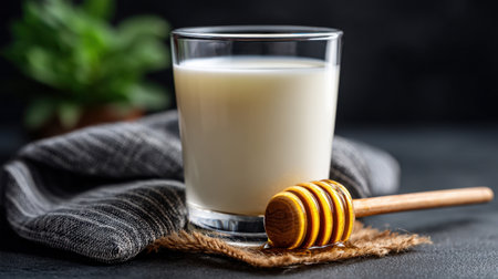 This image showcases a refreshing glass of milk with a wooden honey dipper beside it, resting on a textured towel. A touch of greenery adds freshness to the scene.の素材