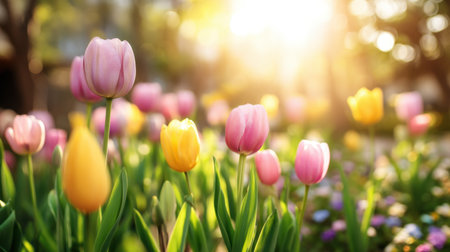 A beautiful scene of colorful tulips blooming in a garden under gentle sunlight. The image showcases the essence of spring and natural beauty, perfect for floral designs.の素材