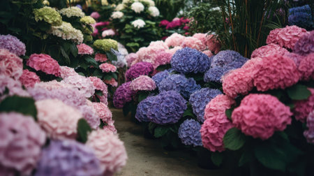 A stunning display of hydrangea blooms showcasing vibrant pink and purple hues in a serene garden setting, perfect for nature lovers and floral enthusiasts.の素材