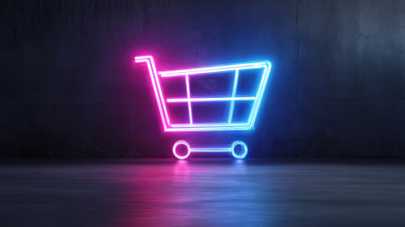 This vibrant neon shopping cart design features a blend of pink and blue lights against a dark backdrop, perfect for representing modern retail and online shopping.の素材