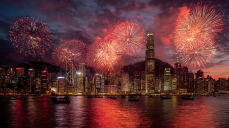 Breathtaking view of Hong Kong skyline at night with brilliant fireworks exploding above. A vibrant celebration lights up the city, creating a stunning visual experience.の素材