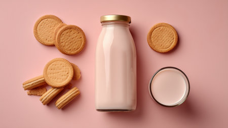A delightful arrangement featuring pink milk in a stylish bottle alongside round cookies, perfect for a cozy afternoon snack or dessert celebration.の素材