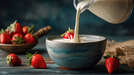 A delightful scene featuring fresh strawberries with creamy milk being poured into a rustic bowl, surrounded by juicy red berries on a textured blue wooden surface.の素材
