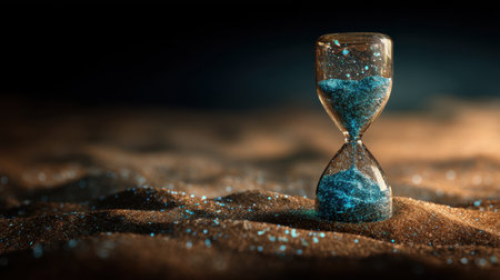 A captivating hourglass filled with sparkling blue particles rests on a sandy surface, softly illuminated to highlight the beauty of timeの素材