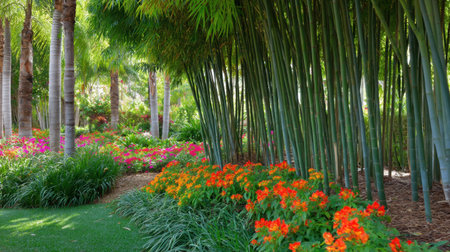 A serene garden scene featuring vibrant flowers in a colorful display alongside towering bamboo, inviting moments of peace and relaxation in nature's beauty.の素材