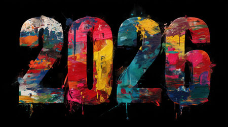 Stunning artistic depiction of the year 2026 with vibrant paint splashes on a black canvas, perfect for celebrations and events, showcasing creativity and modern design.の素材