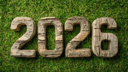 A close-up image of wooden numbers '2026' resting on lush green grass. This composition highlights the beauty of nature and symbolizes new beginnings and future possibilities.の素材