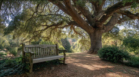 A charming wooden bench rests beneath a majestic oak tree, creating a peaceful spot for relaxation. The serene landscape invites moments of reflection and connection with nature.の素材