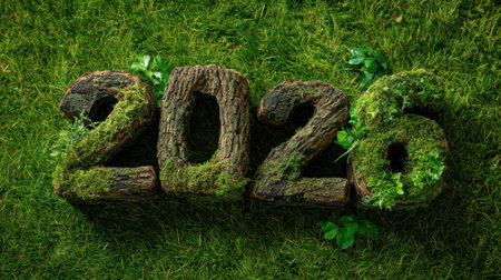 The image features wooden numbers 2026 adorned with green moss and plants, set against a lush grass background, symbolizing nature, growth, and sustainability.の素材