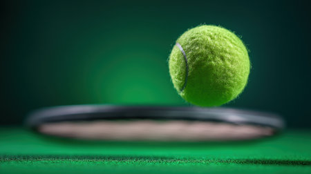 A vibrant green tennis ball appears to hover above a tennis racket, showcasing dynamic movement and energy. This image captures the essence of sport and competition.の素材