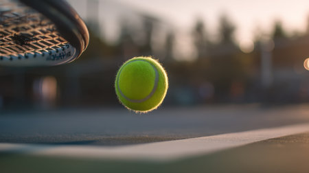 A vibrant tennis ball hovers above an outdoor court, perfectly captured with a racket in the foreground, evoking motion and excitement during a stunning sunset.の素材