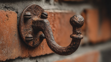 Close-up of a rusty wall hook attached to a weathered brick surface, illustrating the beauty of decay and aged materials in urban environments. Perfect for design.の素材
