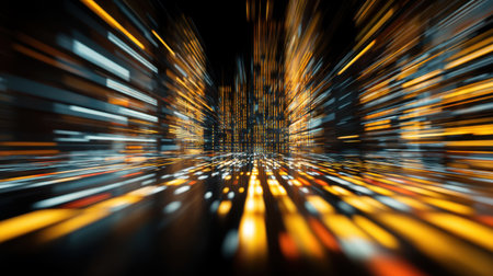 An abstract cityscape with dynamic streaks of light captures the essence of urban life and technology, offering a modern and vibrant visual experience.の素材