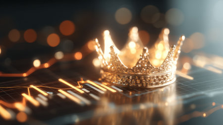 A stunning golden crown rests on a financial chart, symbolizing success and wealth. The glowing graphics and bokeh create a festive mood, perfect for business themes.の素材
