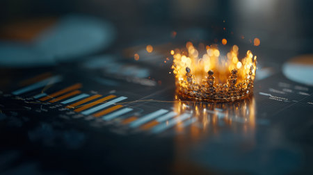 A stunning crown surrounded by vibrant sparks represents success and luxury. The dark background features financial graphs and charts, symbolizing market trends and data.の素材
