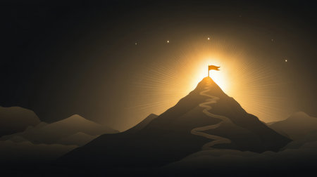 A stunning illustration of a mountain peak topped with a flag, bathed in warm sunlight during sunrise, representing the journey towards success and personal growth amidst nature.の素材