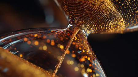 A captivating close-up of a liquid flow showcasing vibrant orange particles against a dark backdrop, creating an enchanting abstract image filled with movement and energy.の素材