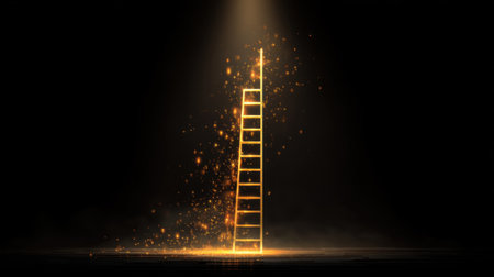 A striking image of a golden ladder ascending into a dark backdrop, surrounded by shimmering sparkles, symbolizing the journey toward aspirations and success.の素材