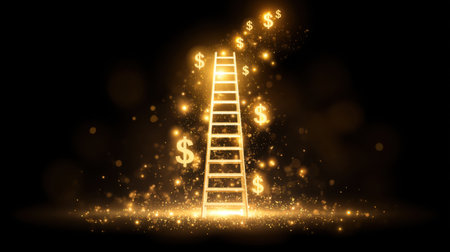This striking image depicts a golden ladder ascending towards glowing dollar signs, symbolizing financial growth and success, with a captivating black background and shimmering effects.の素材