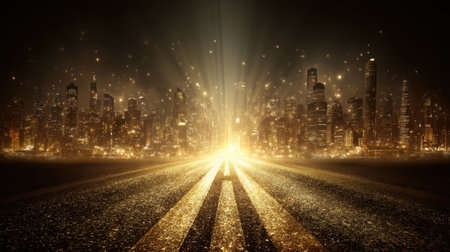 Stunning cityscape featuring golden rays illuminating a mesmerizing skyline at night. Perfect for creating an enchanting, dreamlike urban background in any project.の素材