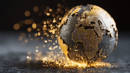 This captivating image portrays a golden globe of Africa crafted from puzzle pieces, radiating elegance and symbolic meaning with sparkling dust particles that suggest unity.の素材