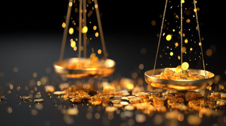 A stunning visual of golden scales of justice set against a dramatic backdrop of shimmering coins and vibrant light, symbolizing balance and financial equity.の素材
