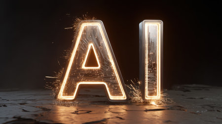 Dynamic image of illuminated AI letters emitting bright sparks, set against a dark background, showcasing the intersection of technology, creativity, and modern innovation.の素材