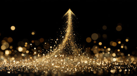A stunning visual of shimmering golden sparkles arranged into the shape of an upward arrow against a dark background, perfect for themes of celebration and inspiration.の素材