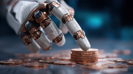 A sophisticated robotic hand reaches toward a stack of coins, symbolizing the intersection of technology and finance in today's evolving economy. The image conveys innovation.の素材
