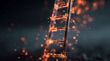 Captivating image of a glowing ladder with vibrant sparks in a moody atmosphere. This abstract artwork evokes themes of aspiration, creativity, and mystery.の素材