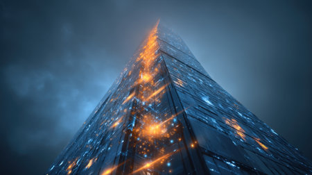 A stunning portrayal of a futuristic skyscraper with vibrant glowing lights against a moody sky. This image highlights innovation in urban architecture and design.の素材