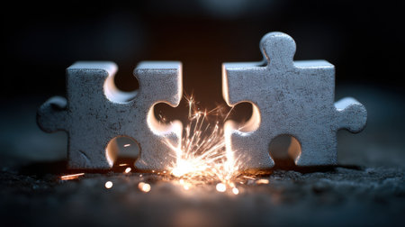 This vibrant image depicts two metallic puzzle pieces coming together, creating sparks. It symbolizes collaboration, problem-solving, and innovative ideas through partnerships.の素材