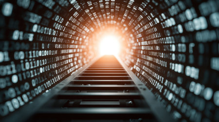 This captivating image features a digital tunnel filled with binary code, leading to a bright light at the end, symbolizing innovation and the journey of technology.の素材