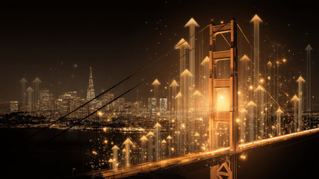 Artistic representation of the Golden Gate Bridge illuminated at night, surrounded by abstract arrows and sparkles, symbolizing growth and urban energy in San Francisco.の素材