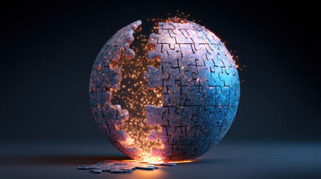 This vibrant 3D render depicts a glowing puzzle sphere that symbolizes connection and transformation, set against a sleek background creating an engaging visual experience.の素材