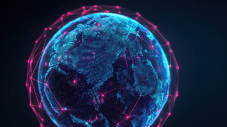 A stunning digital representation of the globe showcasing vibrant network connections and bright colors, symbolizing global technology and the interconnected world.の素材